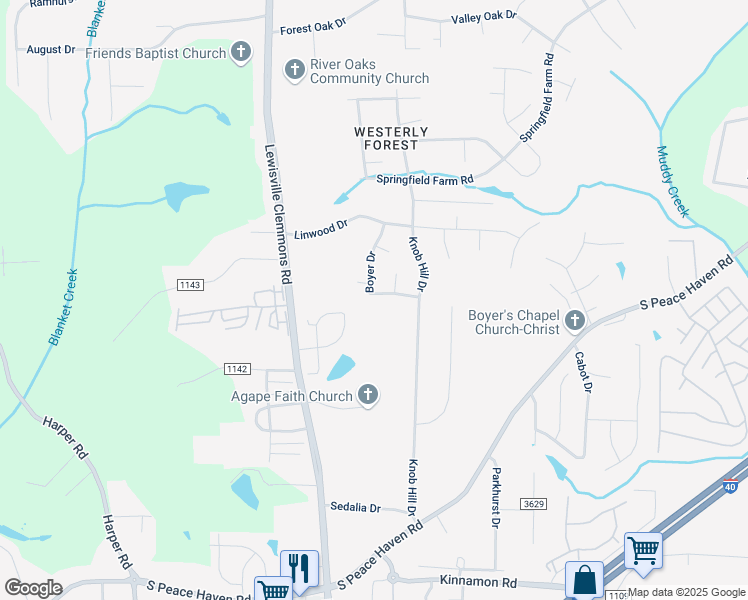 map of restaurants, bars, coffee shops, grocery stores, and more near 853 Boyer Dr in Clemmons