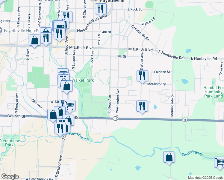 map of restaurants, bars, coffee shops, grocery stores, and more near 1180 South College Avenue in Fayetteville