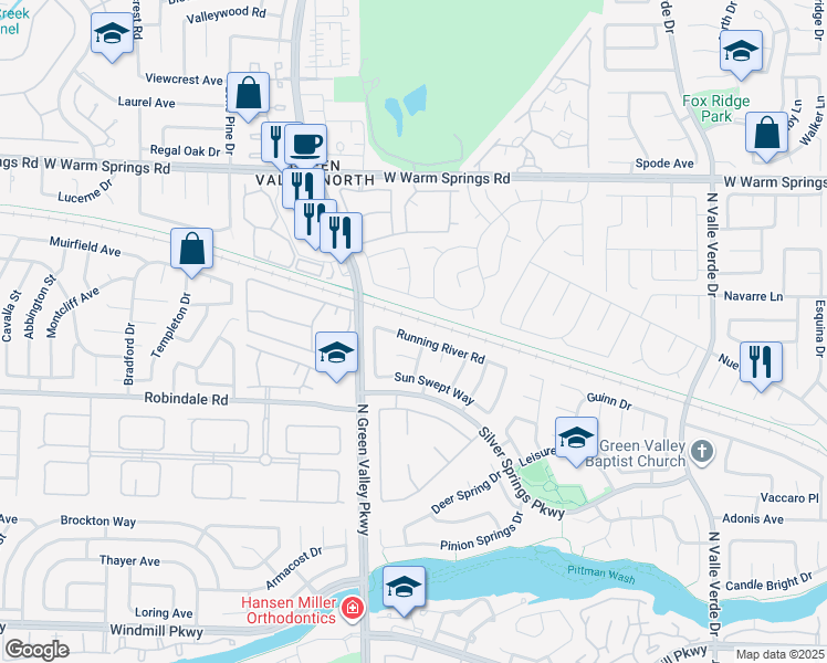 map of restaurants, bars, coffee shops, grocery stores, and more near 2150 Running River Road in Henderson