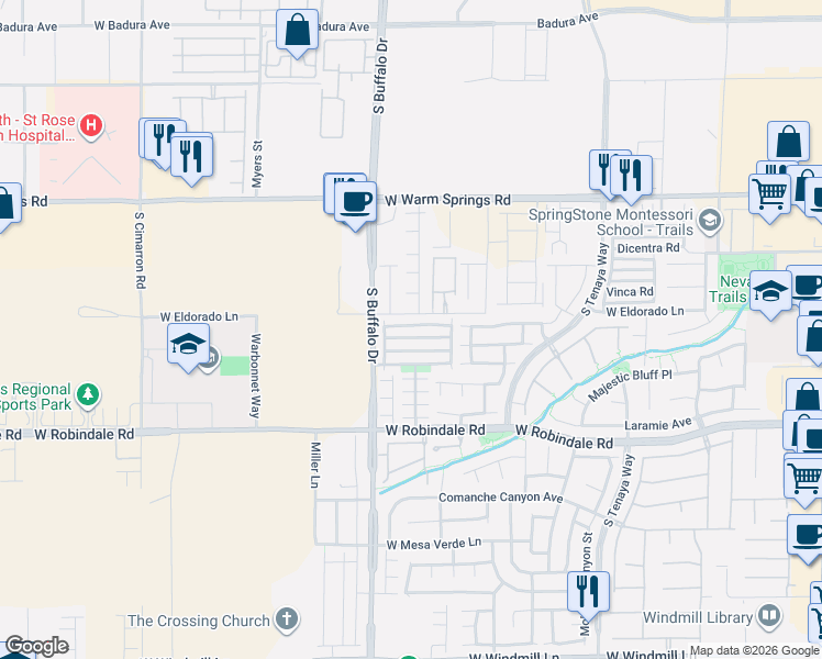 map of restaurants, bars, coffee shops, grocery stores, and more near 7753 Hampton Willows Lane in Las Vegas