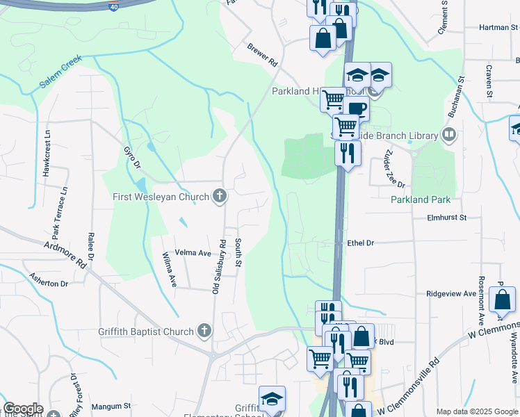 map of restaurants, bars, coffee shops, grocery stores, and more near 1655 Tadmore Street in Winston-Salem