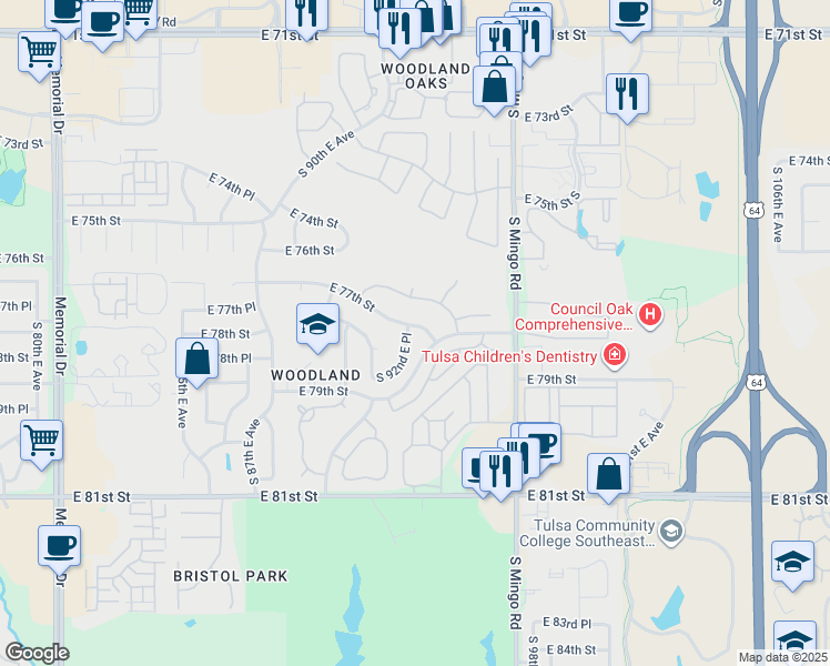 map of restaurants, bars, coffee shops, grocery stores, and more near 7715 South 92nd East Place in Tulsa