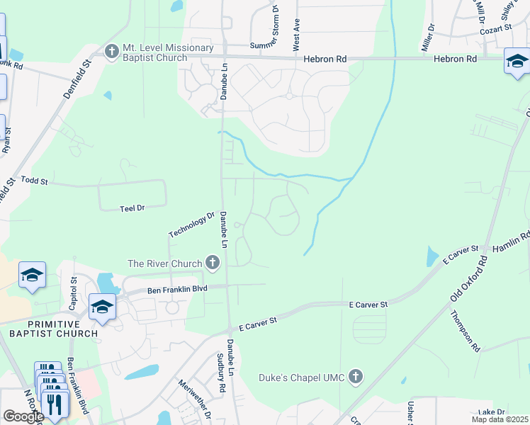 map of restaurants, bars, coffee shops, grocery stores, and more near 4305 Flintlock Lane in Durham