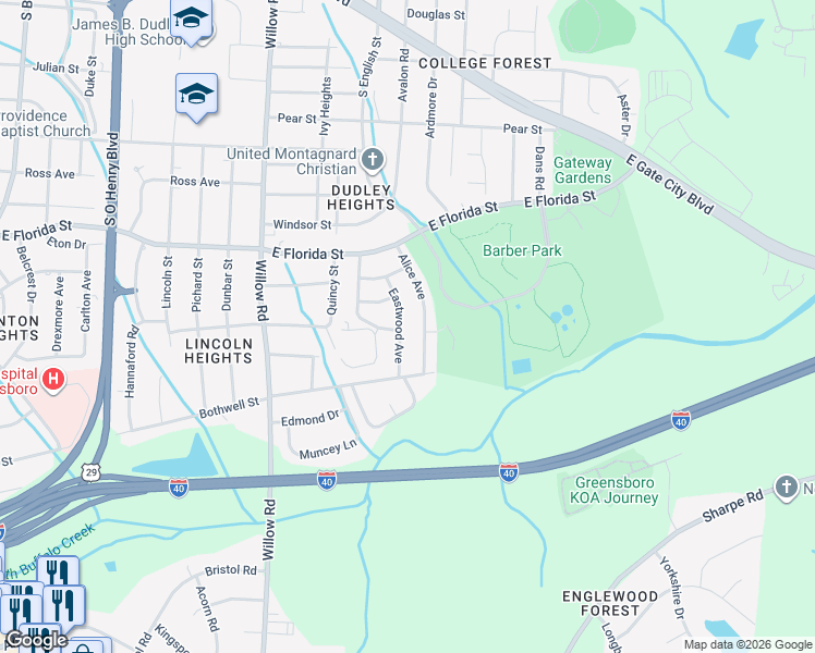 map of restaurants, bars, coffee shops, grocery stores, and more near 1705 Eastwood Avenue in Greensboro