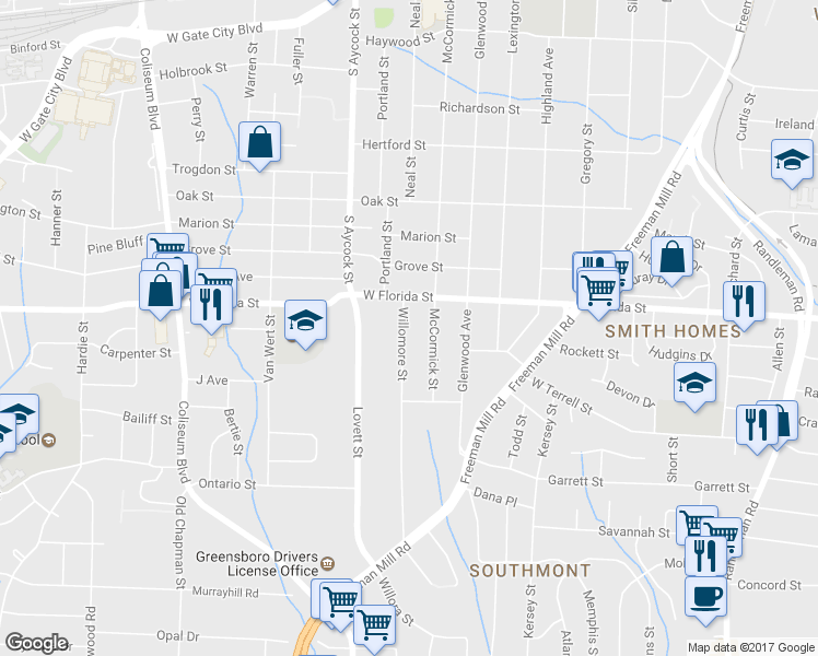 map of restaurants, bars, coffee shops, grocery stores, and more near 1513 Willomore Street in Greensboro