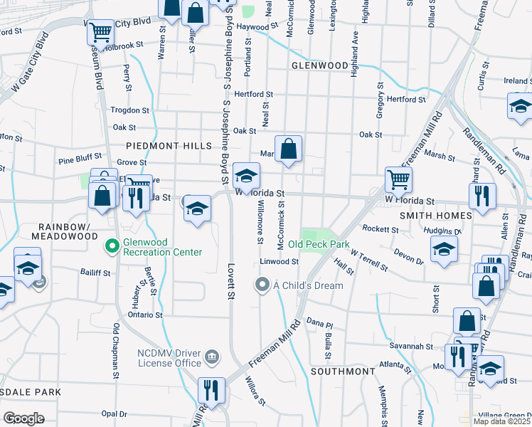 map of restaurants, bars, coffee shops, grocery stores, and more near 1513 Willomore Street in Greensboro