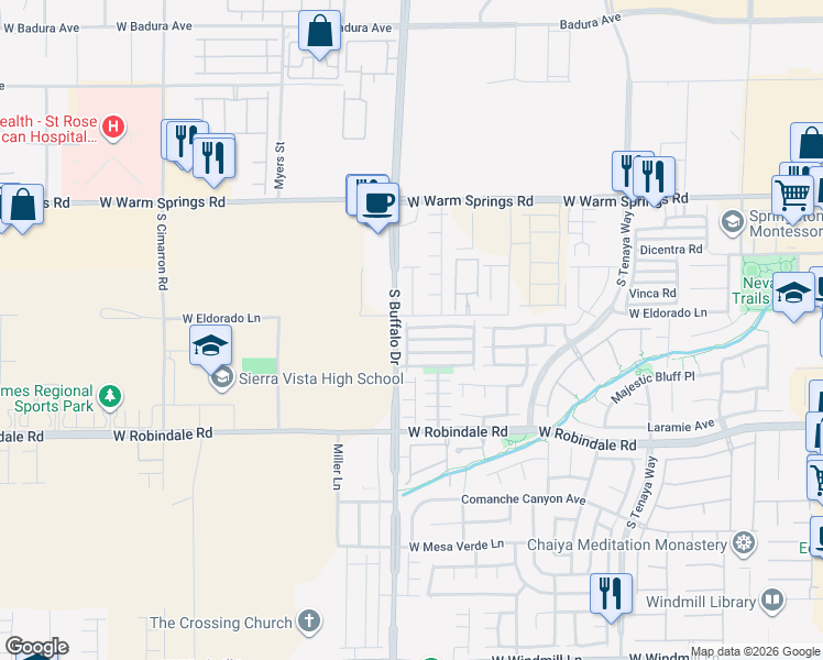 map of restaurants, bars, coffee shops, grocery stores, and more near 7783 Crystal Village Lane in Las Vegas