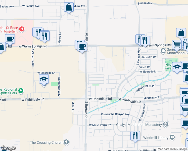 map of restaurants, bars, coffee shops, grocery stores, and more near 7753 Hampton Willows Lane in Las Vegas
