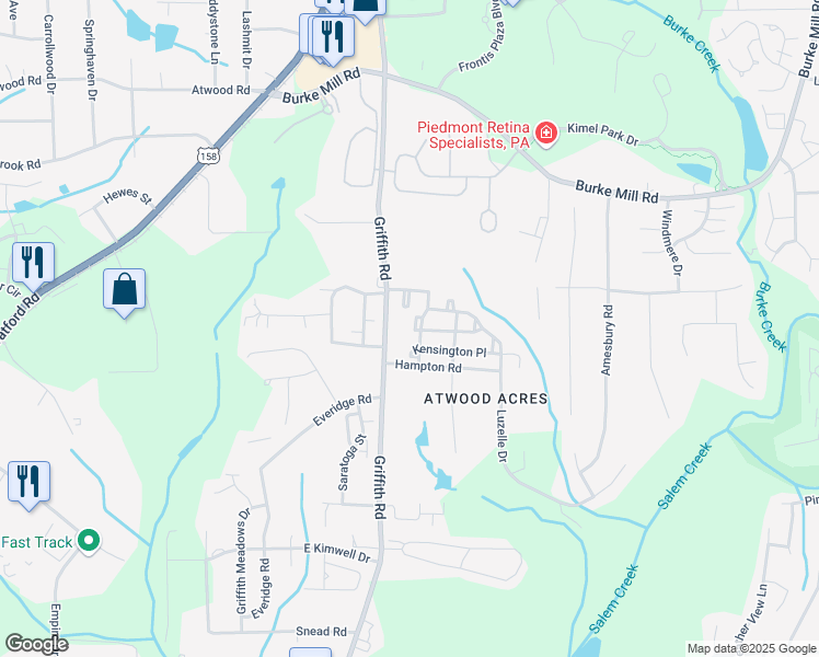 map of restaurants, bars, coffee shops, grocery stores, and more near 3369 Myers Court in Winston-Salem