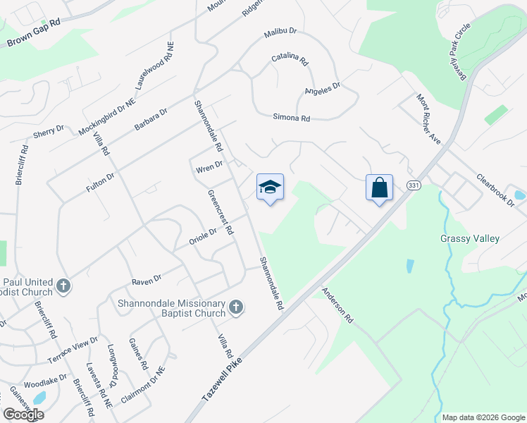 map of restaurants, bars, coffee shops, grocery stores, and more near 5316 Shannondale Road in Knoxville