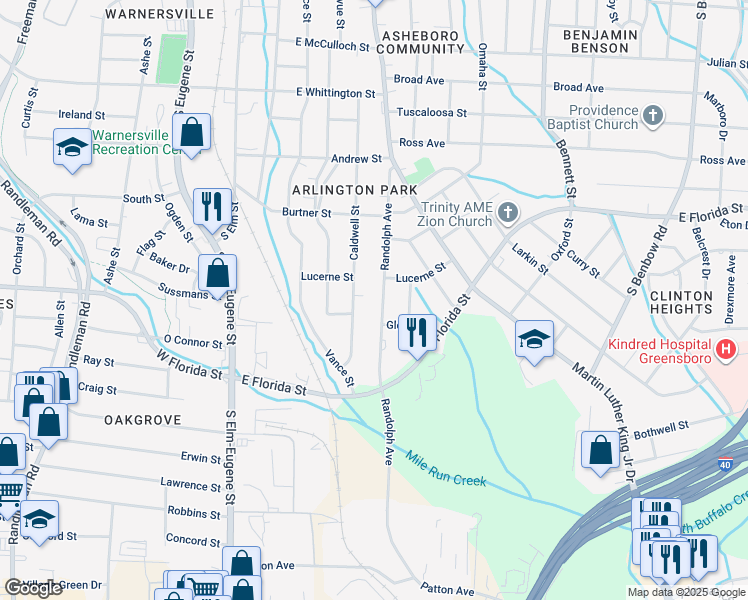 map of restaurants, bars, coffee shops, grocery stores, and more near 1524 Randolph Avenue in Greensboro