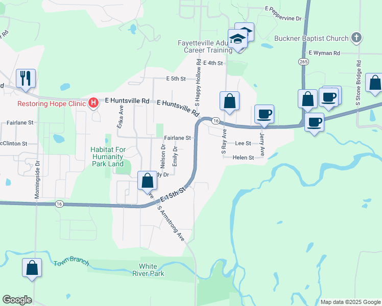 map of restaurants, bars, coffee shops, grocery stores, and more near 1197 Arkansas 16 in Fayetteville