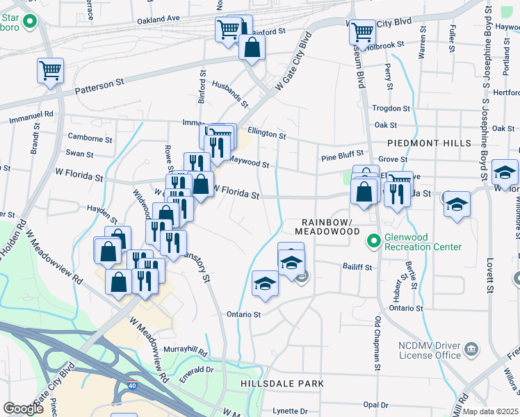 map of restaurants, bars, coffee shops, grocery stores, and more near 1706 Rainbow Drive in Greensboro