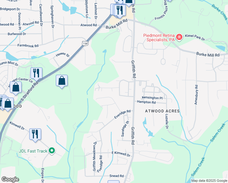 map of restaurants, bars, coffee shops, grocery stores, and more near 3517 Old Grist Court in Winston-Salem