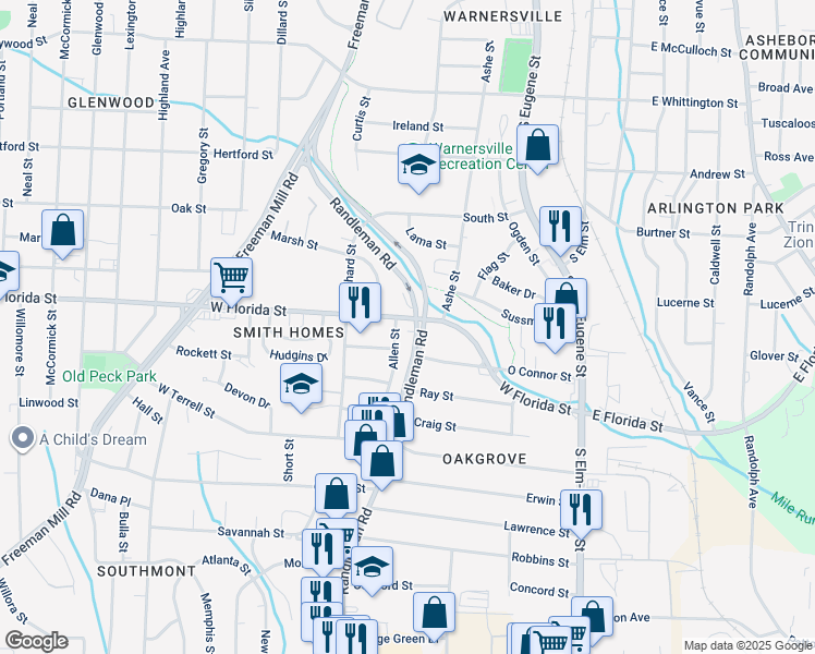 map of restaurants, bars, coffee shops, grocery stores, and more near 501 West Florida Street in Greensboro