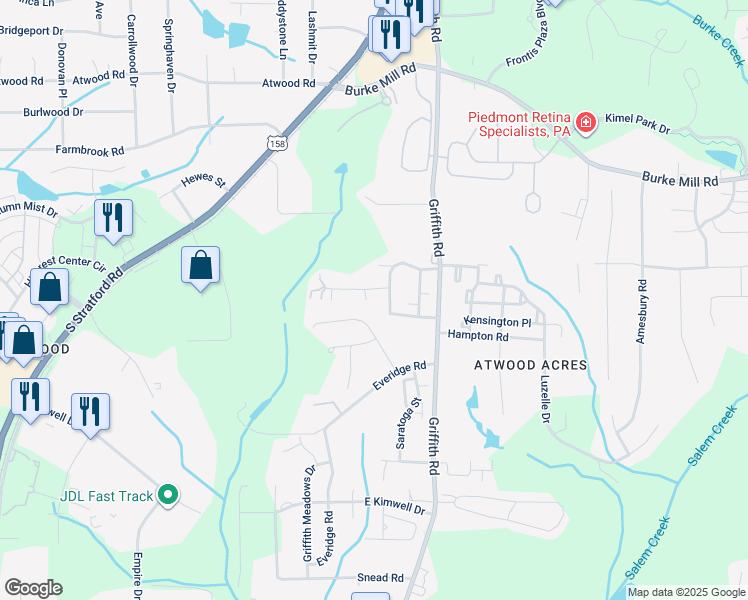 map of restaurants, bars, coffee shops, grocery stores, and more near 3517 Old Grist Court in Winston-Salem