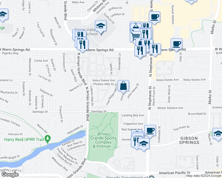 map of restaurants, bars, coffee shops, grocery stores, and more near 334 Black Rock Hills Drive in Henderson