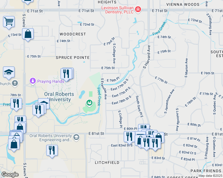map of restaurants, bars, coffee shops, grocery stores, and more near 2905 East 77th Place South in Tulsa