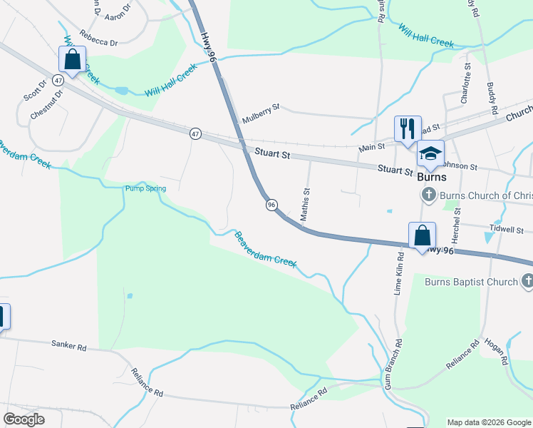 map of restaurants, bars, coffee shops, grocery stores, and more near 2002 Tennessee 96 in Burns