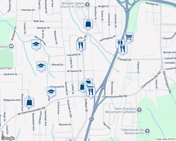 map of restaurants, bars, coffee shops, grocery stores, and more near 3310 South Main Street in Winston-Salem