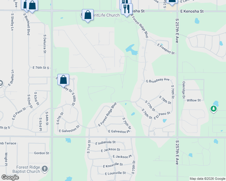 map of restaurants, bars, coffee shops, grocery stores, and more near 7500-7598 East Forest Ridge Boulevard in Broken Arrow