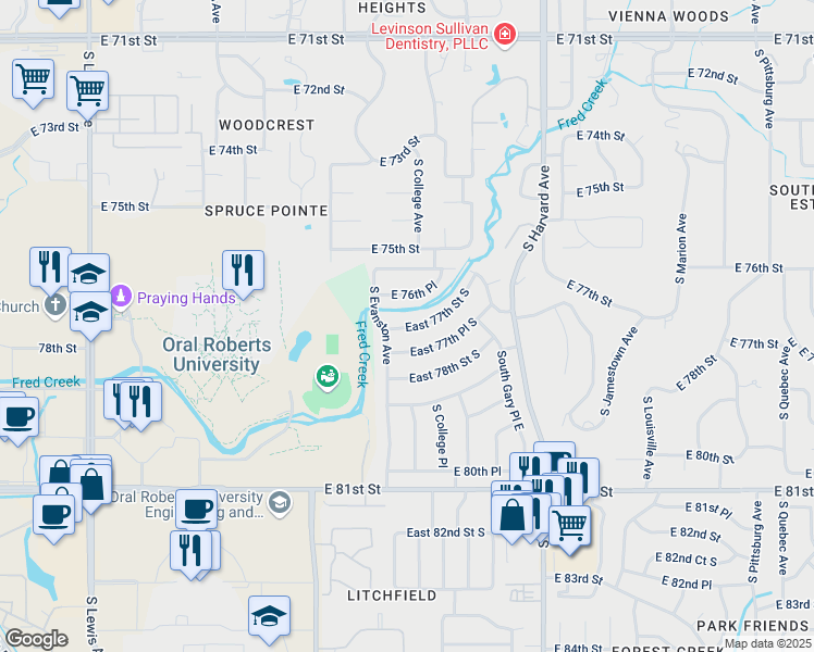 map of restaurants, bars, coffee shops, grocery stores, and more near 2905 East 77th Place South in Tulsa