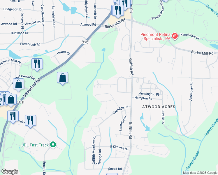 map of restaurants, bars, coffee shops, grocery stores, and more near 3529 Old Grist Court in Winston-Salem