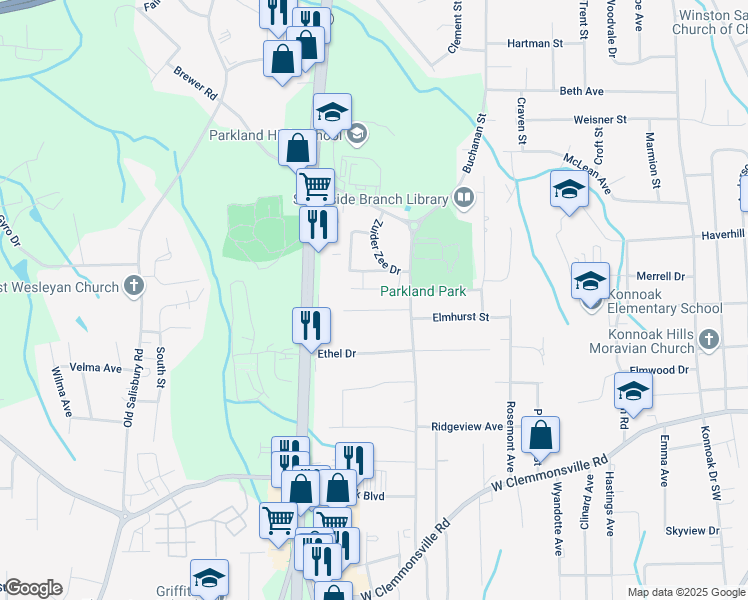 map of restaurants, bars, coffee shops, grocery stores, and more near 103 Finley Circle in Winston-Salem