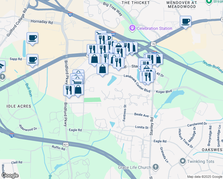 map of restaurants, bars, coffee shops, grocery stores, and more near 26 Peggy Sue Court in Greensboro