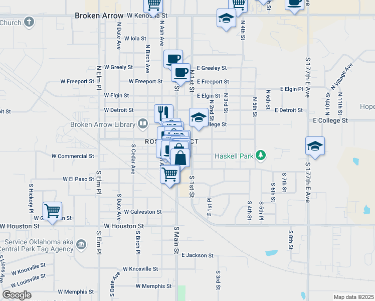 map of restaurants, bars, coffee shops, grocery stores, and more near 220 South 1st Street in Broken Arrow