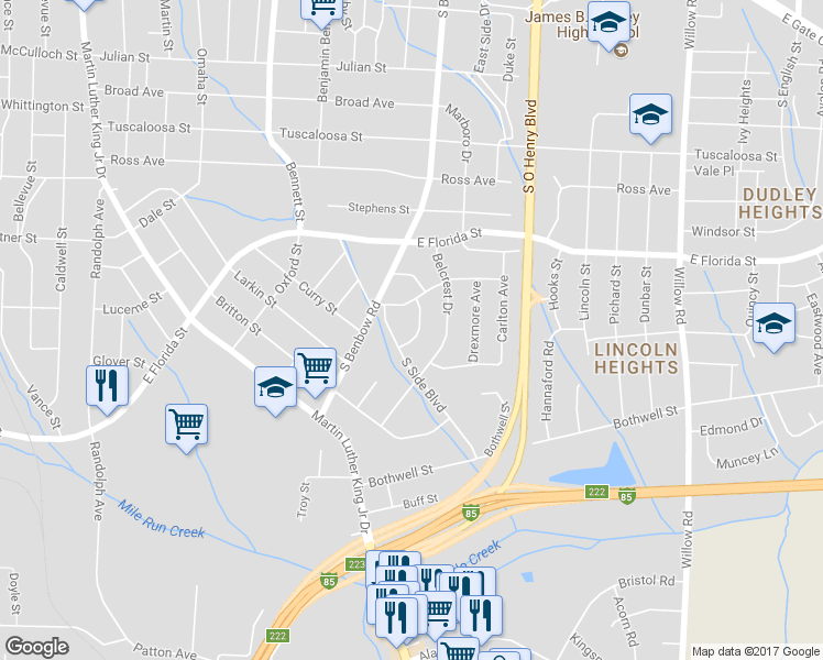 map of restaurants, bars, coffee shops, grocery stores, and more near 1906 Finley Street in Greensboro