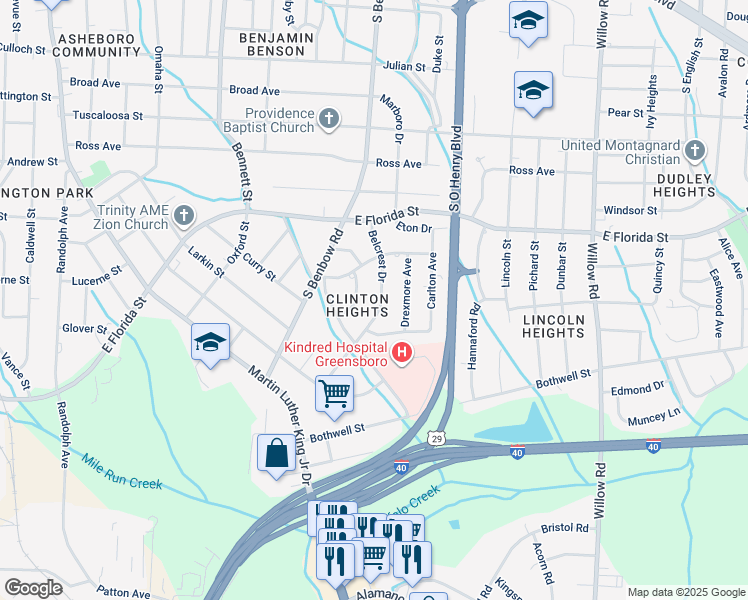 map of restaurants, bars, coffee shops, grocery stores, and more near 1914 Belcrest Drive in Greensboro