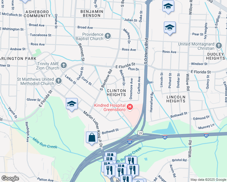 map of restaurants, bars, coffee shops, grocery stores, and more near 1906 Finley Street in Greensboro