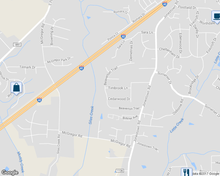 map of restaurants, bars, coffee shops, grocery stores, and more near 5028 Timbrook Lane in Winston-Salem