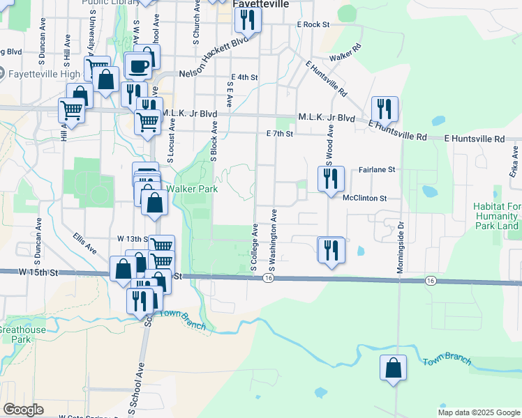 map of restaurants, bars, coffee shops, grocery stores, and more near 1180 South College Avenue in Fayetteville