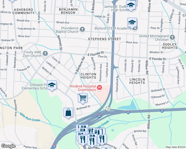 map of restaurants, bars, coffee shops, grocery stores, and more near 1914 Belcrest Drive in Greensboro