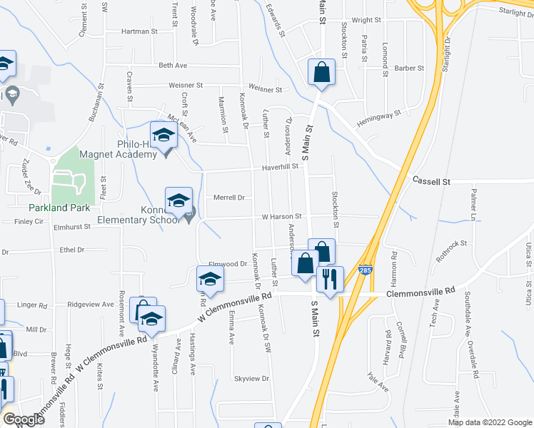 map of restaurants, bars, coffee shops, grocery stores, and more near 3262 Luther Street in Winston-Salem