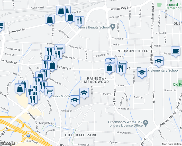 map of restaurants, bars, coffee shops, grocery stores, and more near 1802 Hardie Street in Greensboro