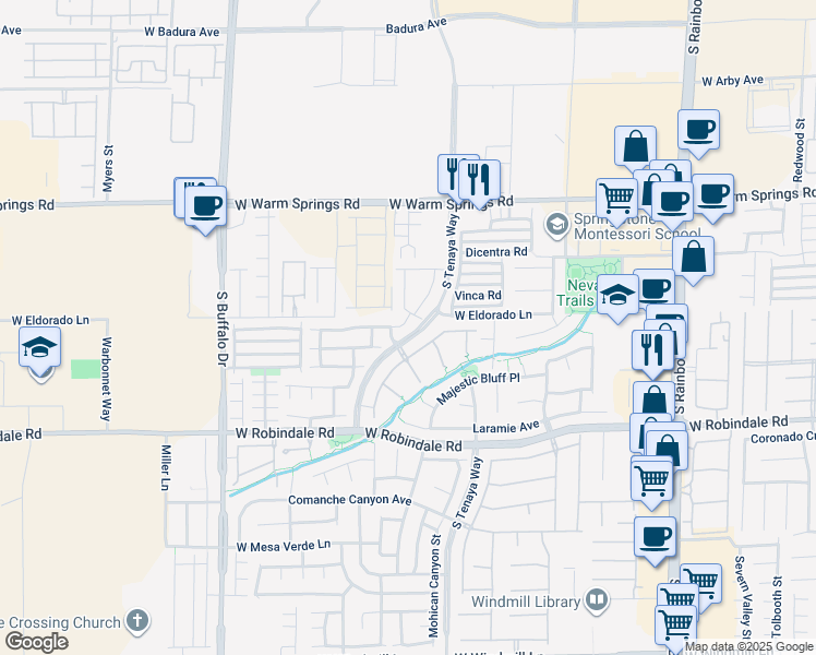 map of restaurants, bars, coffee shops, grocery stores, and more near 7423 Coyote Cave Avenue in Las Vegas