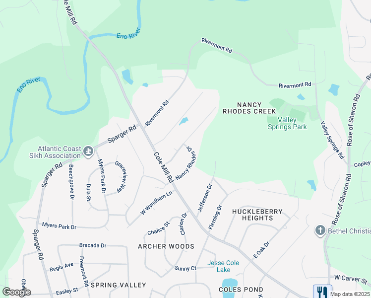 map of restaurants, bars, coffee shops, grocery stores, and more near 3620 Knollwood Drive in Durham