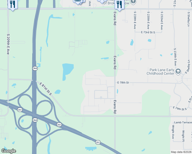 map of restaurants, bars, coffee shops, grocery stores, and more near 213 South 49th Street in Broken Arrow