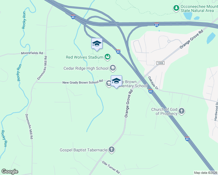 map of restaurants, bars, coffee shops, grocery stores, and more near 1100 New Grady Brown School Road in Hillsborough
