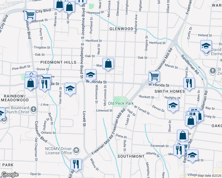 map of restaurants, bars, coffee shops, grocery stores, and more near 1519 McCormick Street in Greensboro