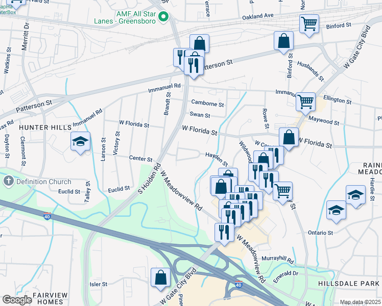 map of restaurants, bars, coffee shops, grocery stores, and more near 3203 North Hayden Street in Greensboro