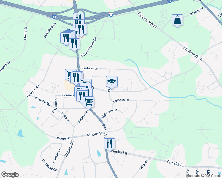 map of restaurants, bars, coffee shops, grocery stores, and more near 301 Ivey Road in Graham