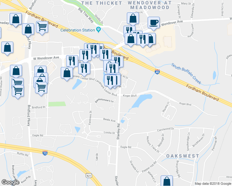 map of restaurants, bars, coffee shops, grocery stores, and more near 1710 Stanley Rd in Greensboro