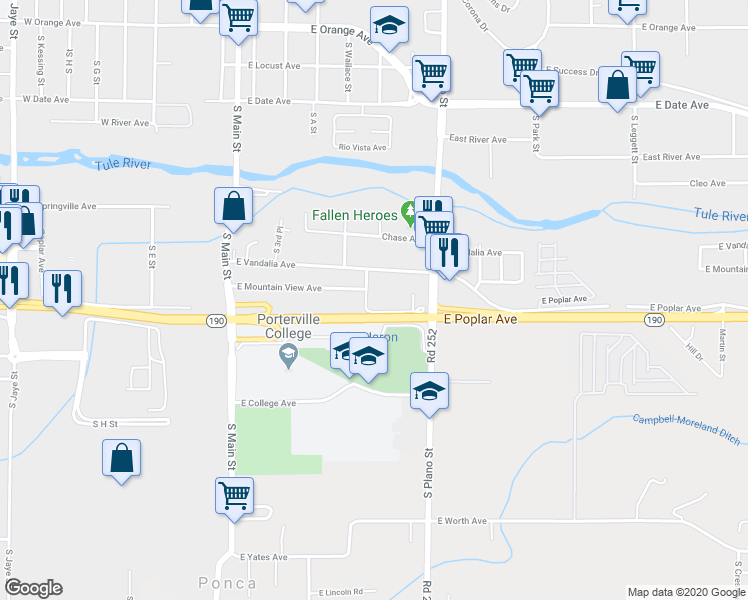 map of restaurants, bars, coffee shops, grocery stores, and more near 764 South Roche Street in Porterville