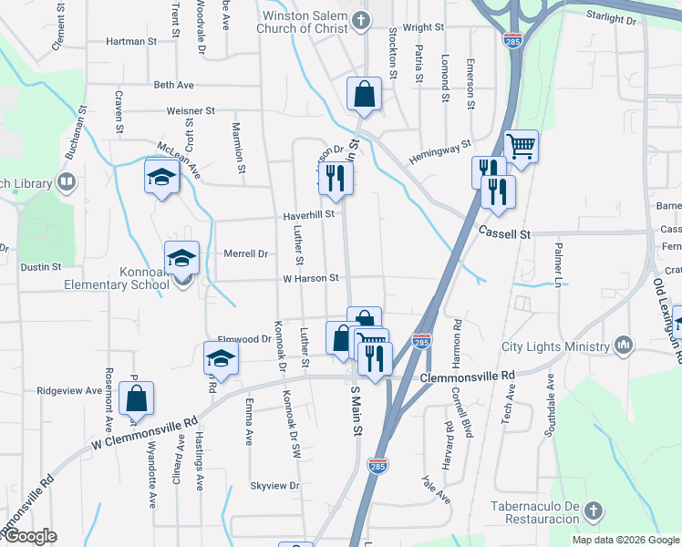 map of restaurants, bars, coffee shops, grocery stores, and more near 3310 South Main Street in Winston-Salem
