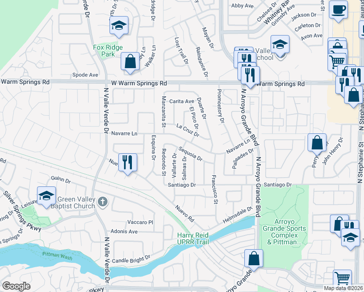 map of restaurants, bars, coffee shops, grocery stores, and more near 323 Salinas Drive in Henderson