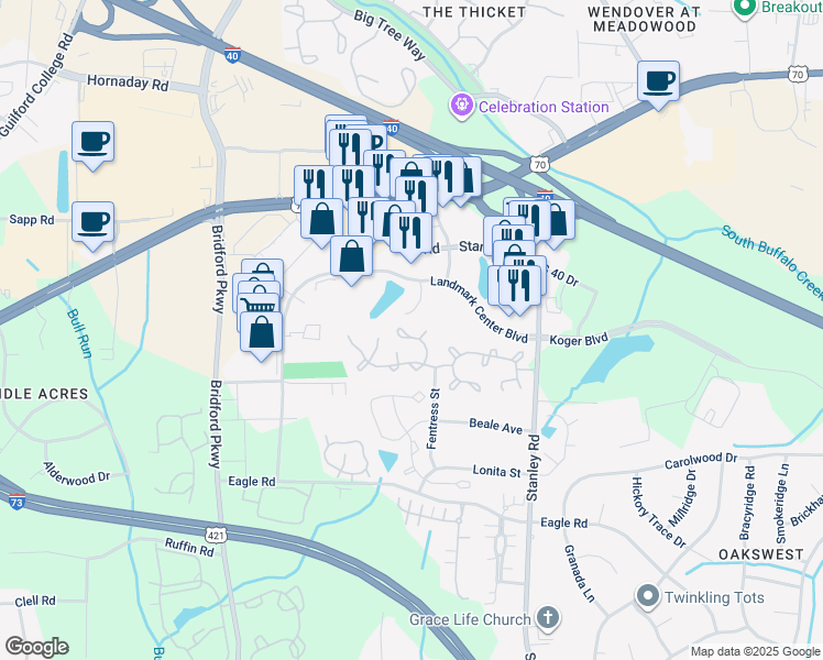 map of restaurants, bars, coffee shops, grocery stores, and more near 16 Sidney Marie Court in Greensboro